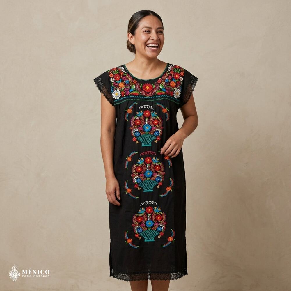 Mexican Embroidered Manta Maxi Dress – Handmade Cotton Floral Artisan Gown (M)